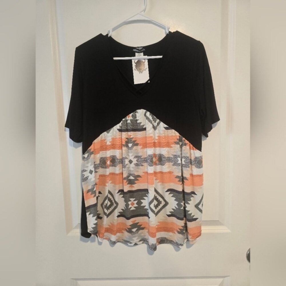 Heimish USA Black and Orange Western Blouse Top
